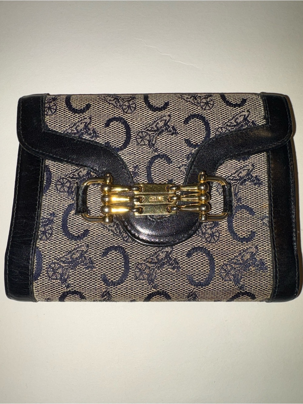 Vintage Celine C-Sulky Horse Carriage Jacquard Black Wallet Slip-Under Clasp